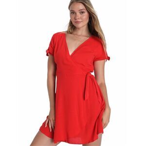 LULUS Women’s My Philosophy Red Wrap Mini Dress Tie Sleeve V-Neck Size Medium